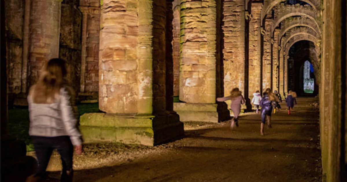 Explore glowing ruins and shadowed archways at Fountains by Floodlight